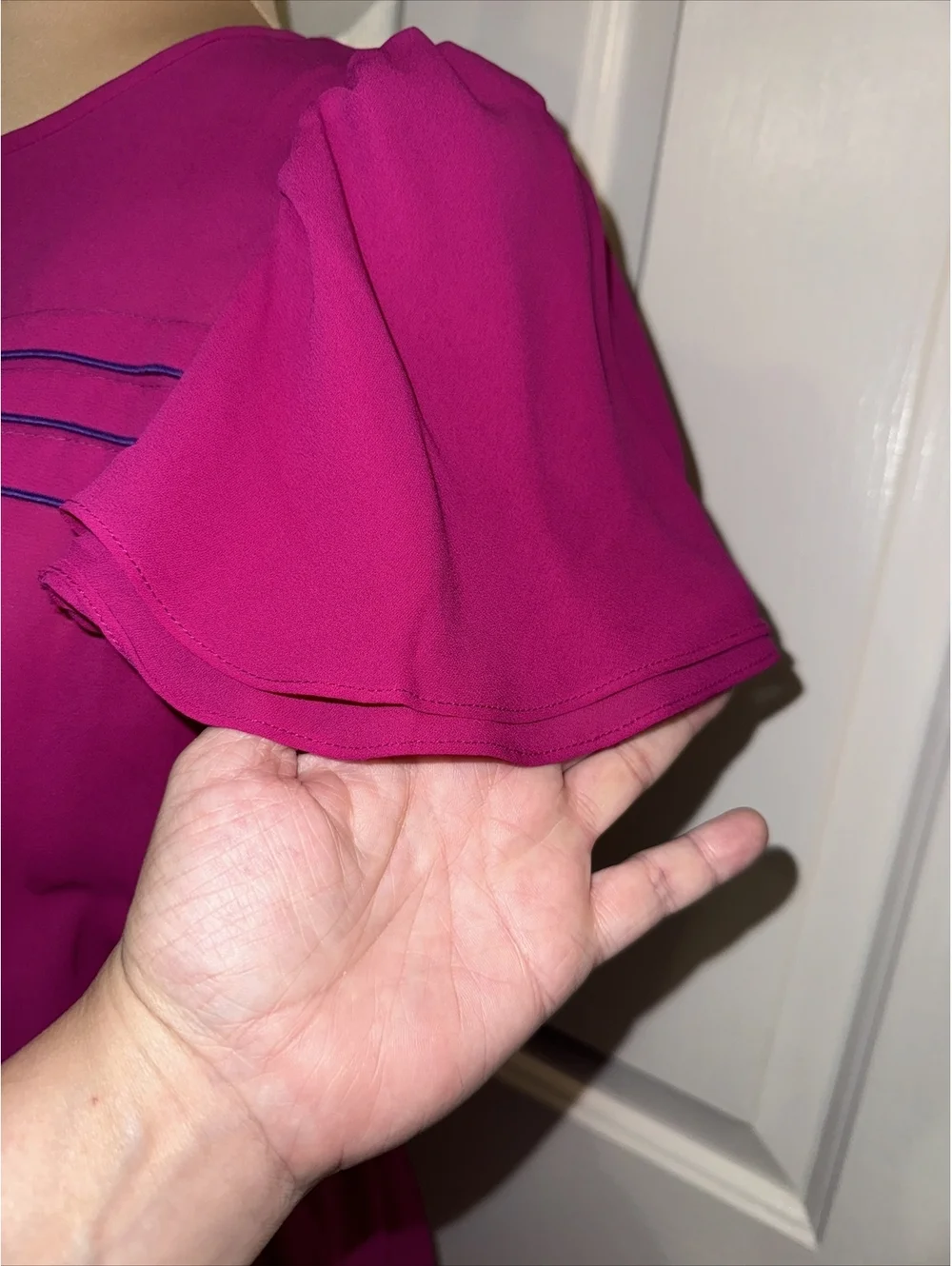 Vintage 80s Fushia Chiffon Boho Secretary Light Sheer Midi Dress size 6/8